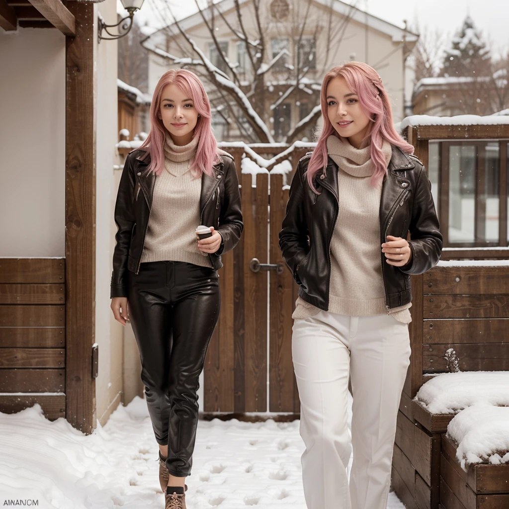Ana Schippnick, a 25-year-old girl with pink hair and 5'5 tall, has a graceful demeanor that stands out in any environment. Their pink hair , long and silky, usually loose, shine under the light, enhancing their natural beauty. Her deep brown eyes, enhanced by long eyelashes, convey serenity and curiosity.

With a charming smile that brightens her face, her perfectly aligned teeth and dimples on her cheeks, she captivates those around her. Slim, with a well-proportioned and toned body, Ana has a confident and graceful posture. His style combines elegance and simplicity, preferring to wear a leather jacket and pants, neutral colors and sophisticated accessories.

Ana is kind, charismatic and curious. She practices running and yoga to maintain her fitness and loves reading novels and self-help books, as well as exploring new coffee shops and cultural places.

In Russia, ana started her day walking on snow