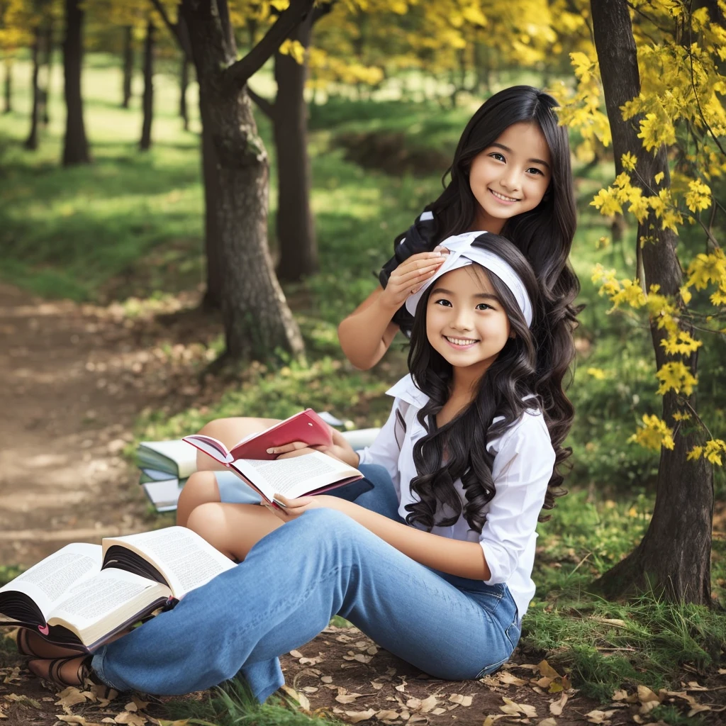 1 beautiful European girl, reads books under the tree, smile happily, long black wavy hair, casual dress, there are a few books around, in spring, in the afternoon,