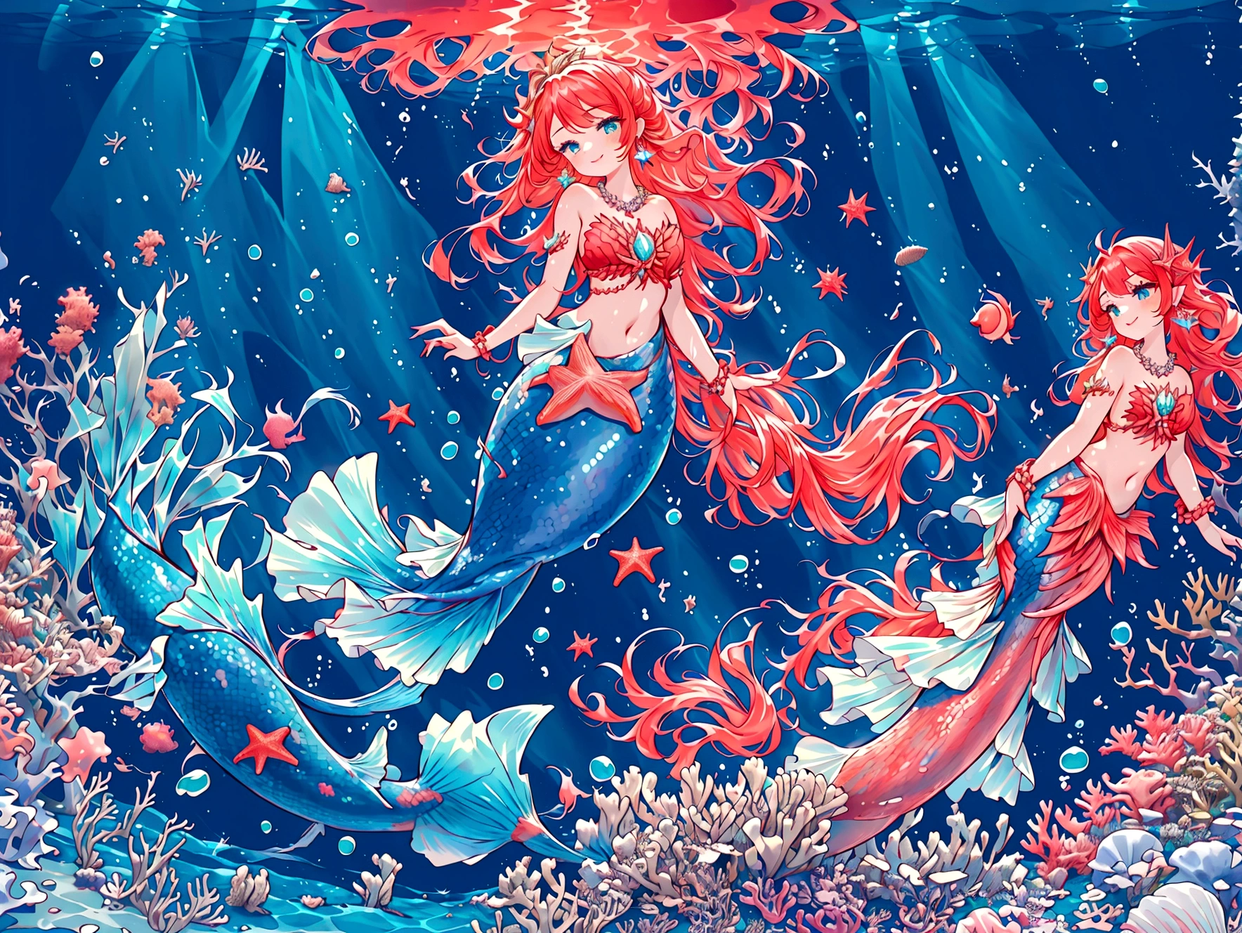 (best quality,4k,8k,highres,masterpiece:1.2),ultra-detailed,age girl gets magically transformed into a mermaid, fantasy transformation,red-eyed,beautiful detailed eyes,spiky long ginger hair,happiness,cute mermaid, long and detailed mermaid tail with shimmering green scales, seashell bra,pair of fish gills on her torso, red and black ribbon headband, starfish hair clips, pearl hair ornaments, pearl earrings and bracelets, pearl necklace, red manicured nails, eye-catching accessories,beautifully detailed lips,she’s smiling,embracing her new life has a mermaid, checking her beautiful new body,underwater world,colorful coral reef,magical underwater lighting,vivid colors,breathing underwater,endless ocean depths,sunlight filtering through the water,joyful expression,playful mermaid poses,swimming gracefully,serene and peaceful environment,sparkling water,water reflections,ethereal atmosphere,subtle glow,whimsical and enchanting,mythical creatures,curious marine life,seaweed,seashells,blissful transformation,fantastical ocean adventure,beauty of the ocean depths