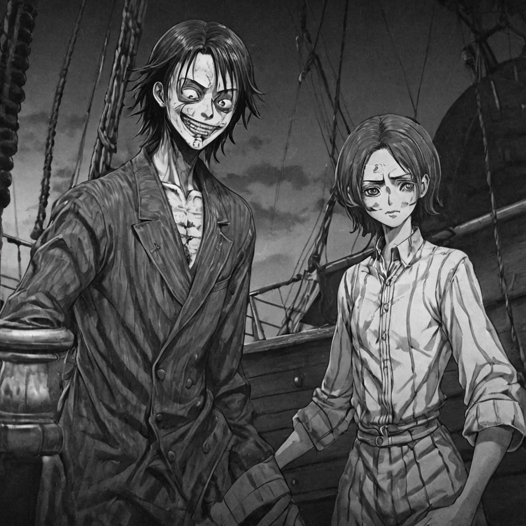 pirate on a ship, (anime), bizarre scenario, Junji Ito, Yusuke Murata, black and white, 8k, anime, horror