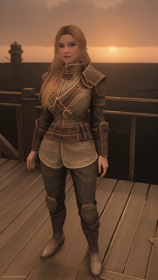 full body shot of a stunning female Breton maiden stands poised on the weathered deck of a majestic ship at sunset in Skyrim. Her porcelain skin glows softly, illuminated by the warm rays of the rising sun. Delicate features and raven tresses frame her enigmatic smile as she gazes out to sea, the wind gently tousling her locks, blonde hair, ((wearing short skirt and high boots)), female breton