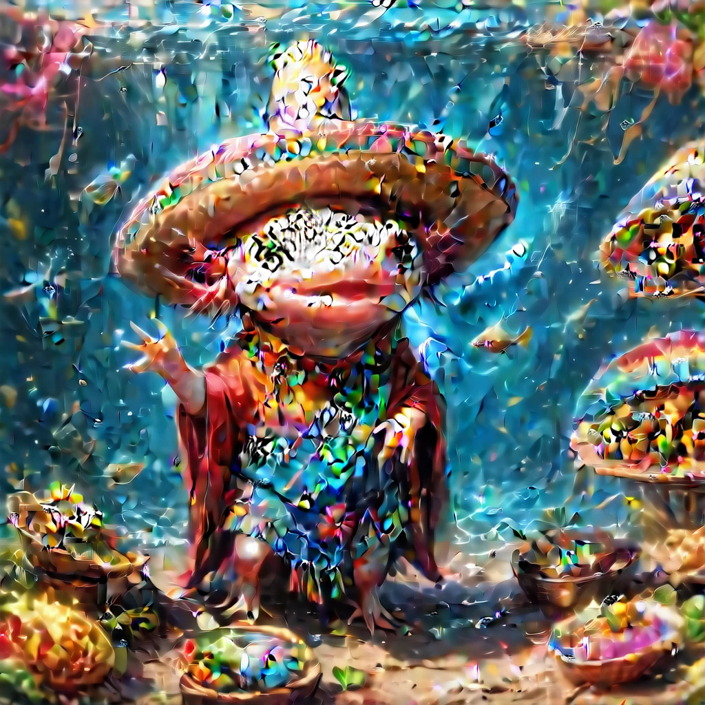 (masterpiece:1.5) axomdel2, A happy axolotl wearing sombrero and poncho, with details of tacos 