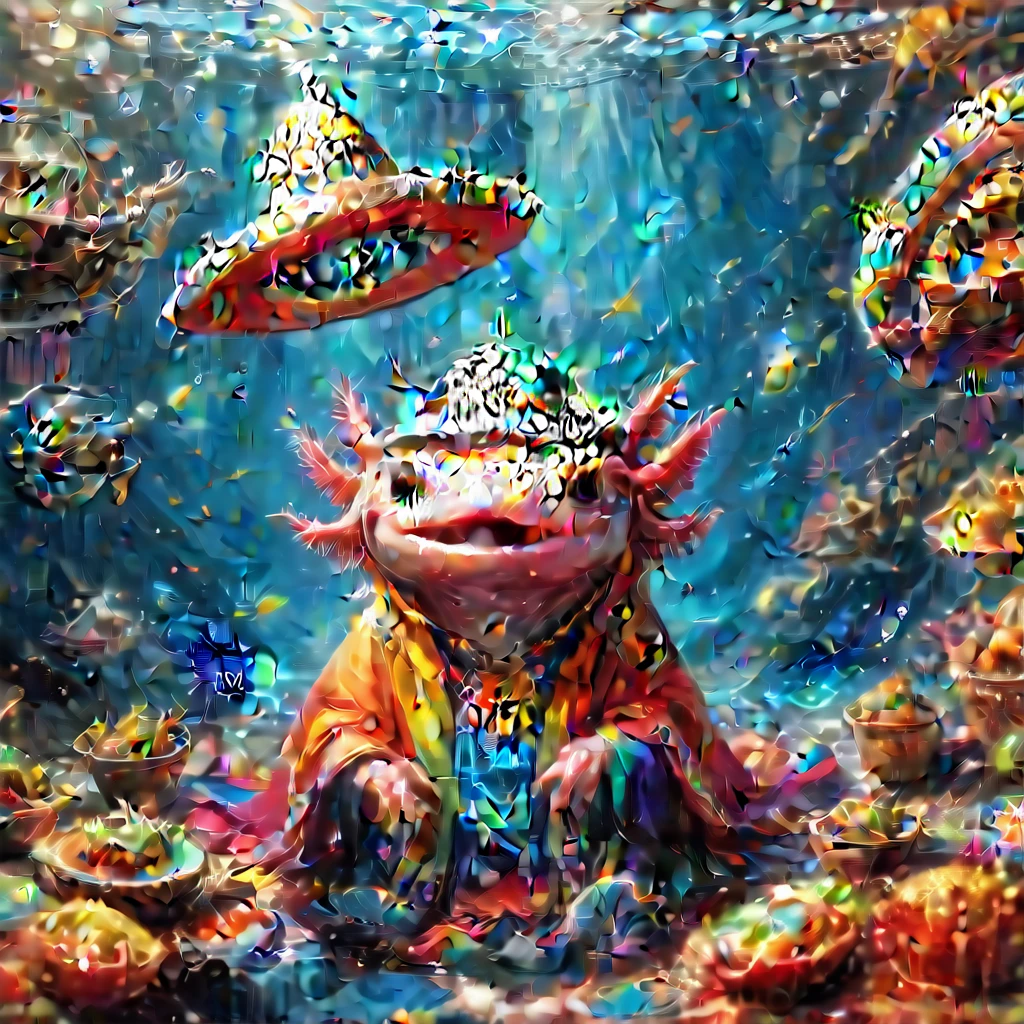 (masterpiece:1.5) axomdel2, A happy axolotl wearing sombrero and poncho, with details of tacos 