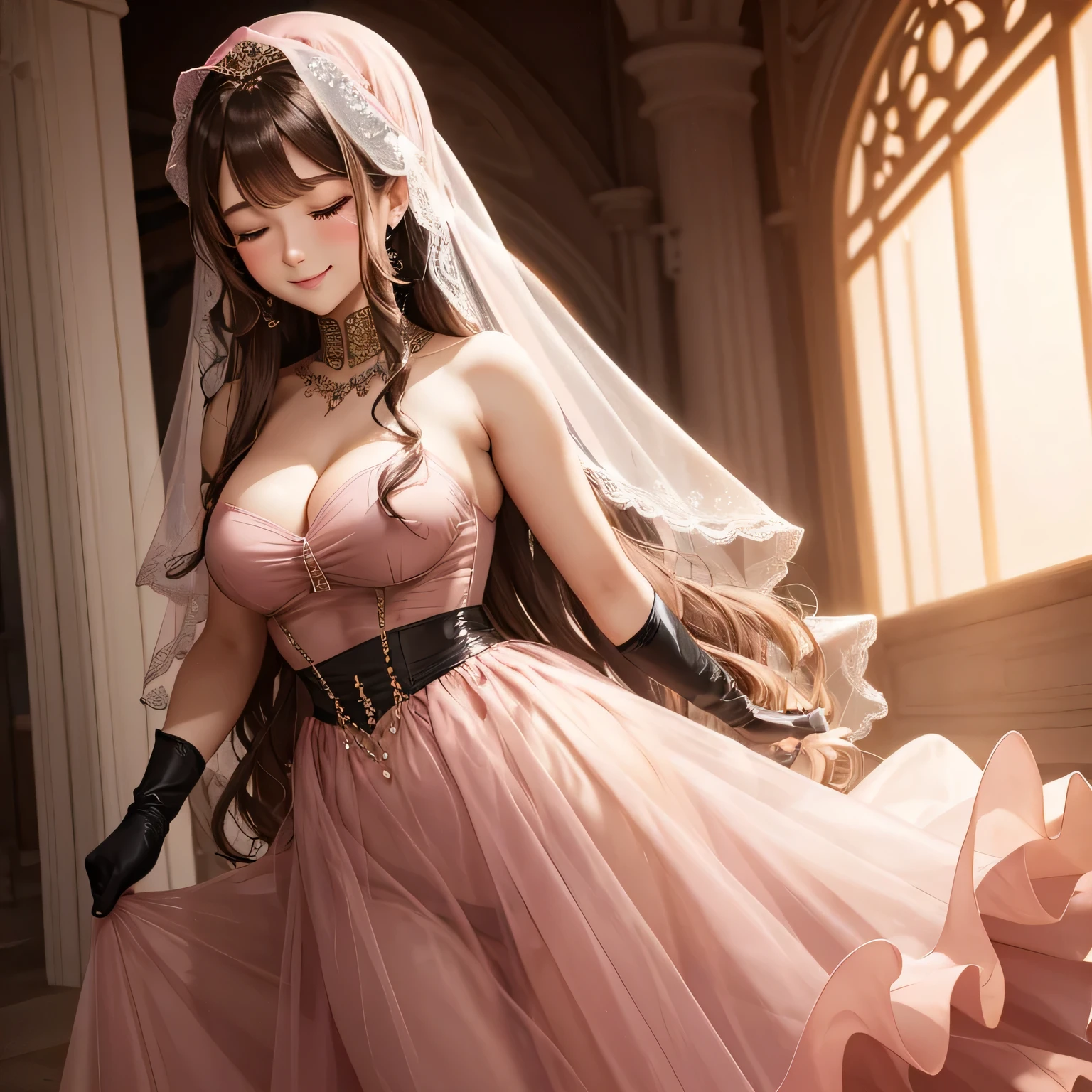 a light brown pinned up haired female who is wearing a pink very sexy translucent long skirt is bound, black gloves,,flirty smile,sexy look,,closed eyes,veil