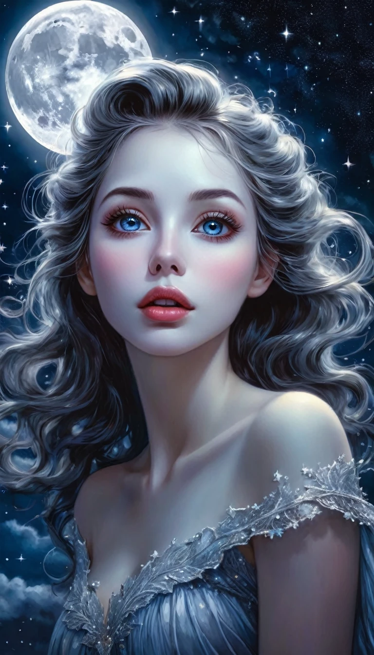A ghostly female figure, beautiful detailed eyes, beautiful detailed lips, extremely detailed face, long eyelashes, floating in a night sky, full moon, twinkling stars, (best quality,4k,8k,highres,masterpiece:1.2),ultra-detailed,(realistic,photorealistic,photo-realistic:1.37),oil painting, fantasy, surreal, atmospheric, dramatic lighting, dramatic contrast, vivid colors, moody, mystical, ethereal