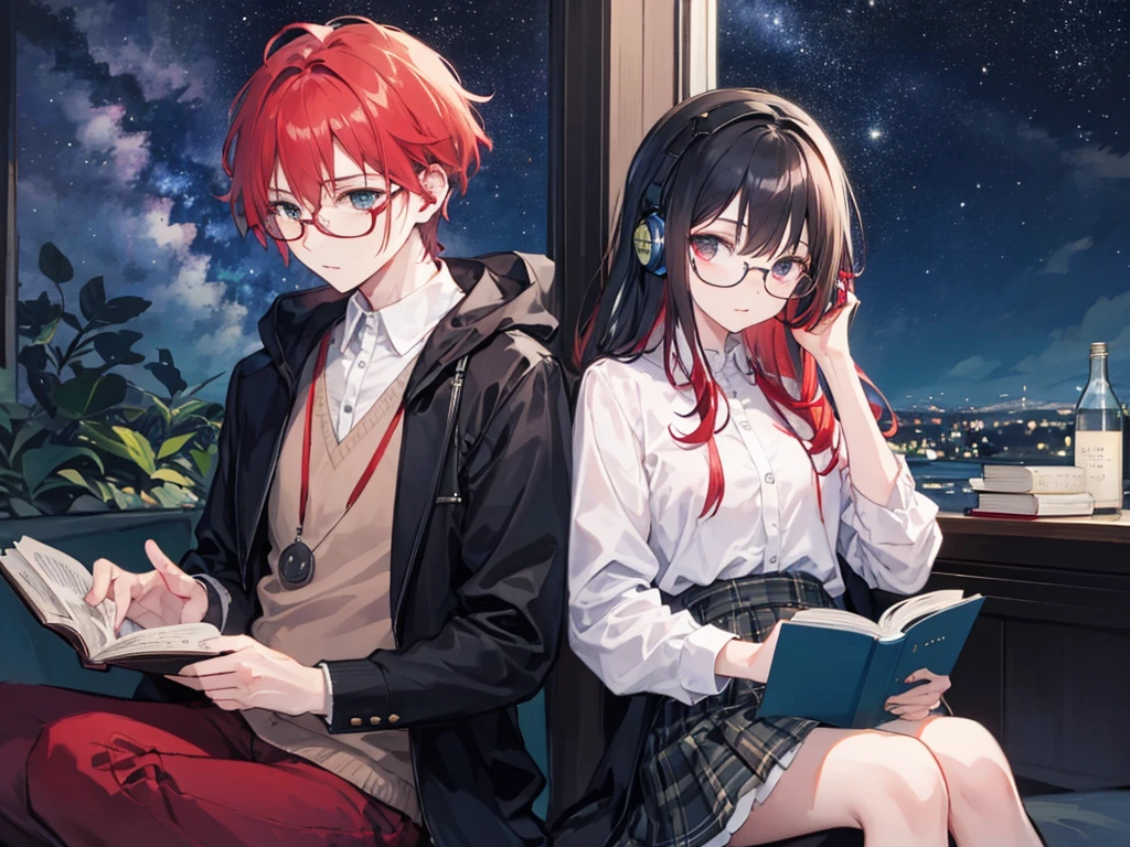 A red-haired woman is sitting and listening to music while a man with black hair and glasses is reading a book. Night sky