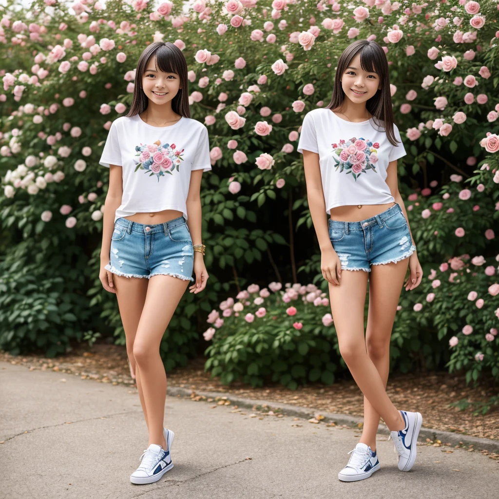 Masterpiece, a young beautiful girl, smiling, looking at the camera, standing in front of a clump of roses, wearing shorts and t-shirt, white sneakers. Wearing a top and shorts, flowers, full-body photo, casual pose, slender legs