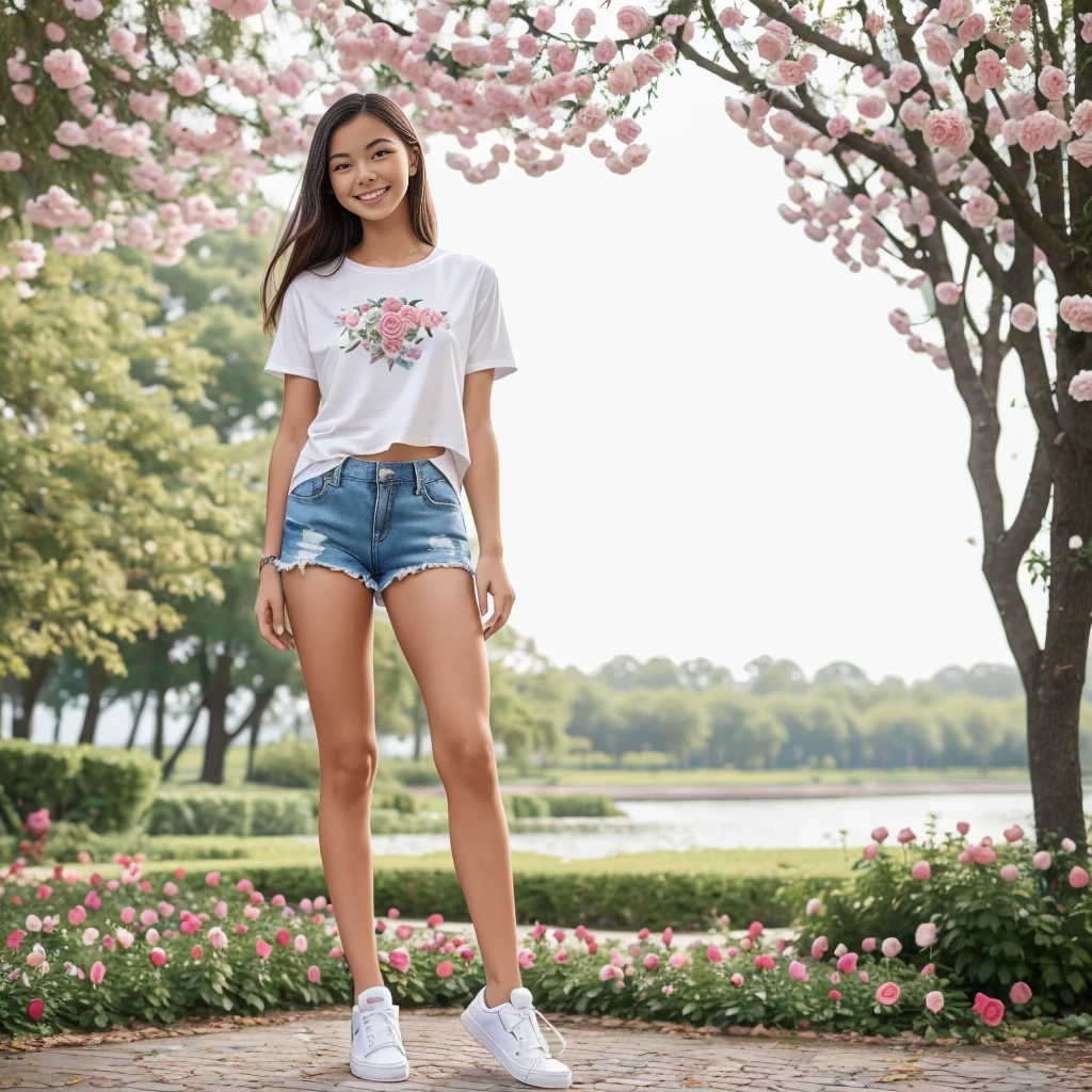 Masterpiece, a young beautiful girl, smiling, looking at the camera, standing in front of a clump of roses, wearing shorts and t-shirt, white sneakers. Wearing a top and shorts, flowers, full-body photo, casual pose, slender legs