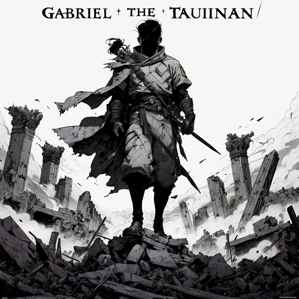a close-up of a person standing on a pile of rubble, by Gabriel Ba, Lieutenant Gabriel Jurkić, graphic novel cover art, Gabriel Hardman, official poster artwork, official illustration do personagem, official illustration, official poster, epic fantasy novel cover art, epic pencil illustration, in travis charest style, by Fabien Charuau
