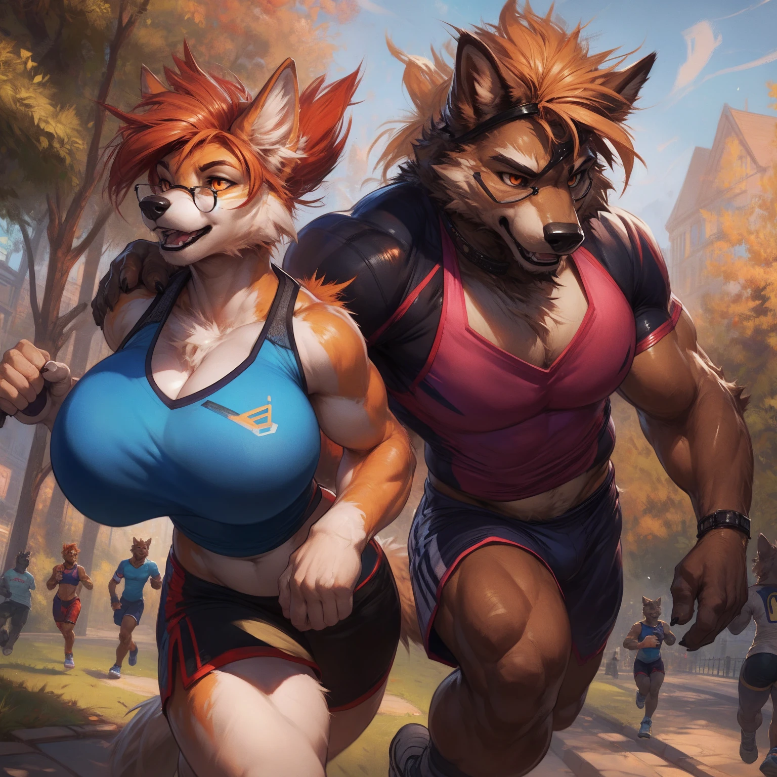 Duo, female, male, huge breasts, canine, white fur, orange eyes, orange hair, glasses, brown arms, muscular, in a park, running, workout clothes, by darkgem