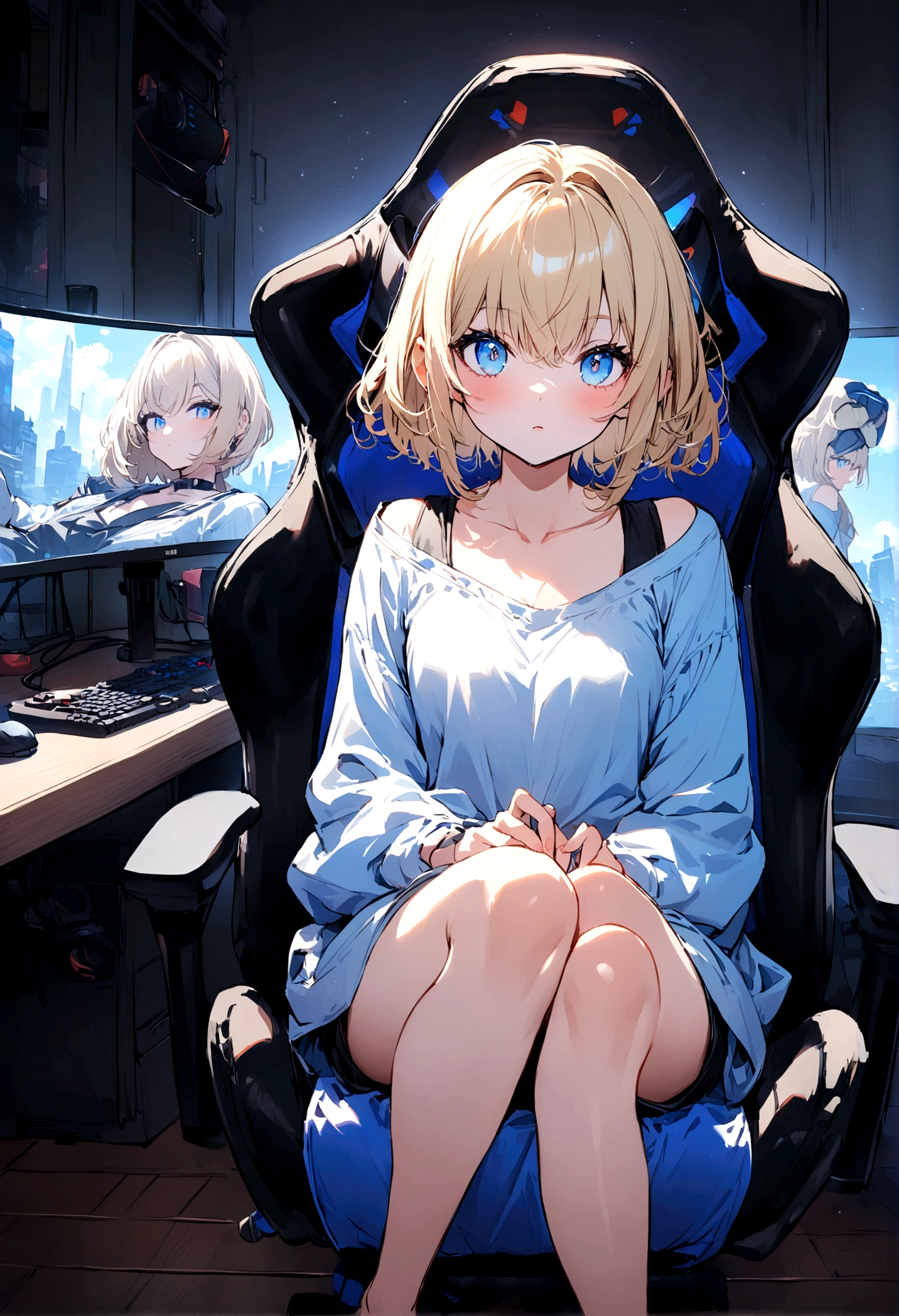 Gamer girl, short blond Hair, blue eyes, wearing loose fitting Casual clothes with gaming motives, sitting in a gaming Chair, turned towards viewer, full Body in picture