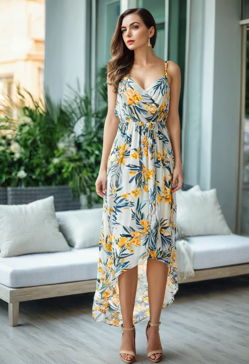 Beautiful attractive woman , stand up, modern summer style ,full-length , beautiful dress