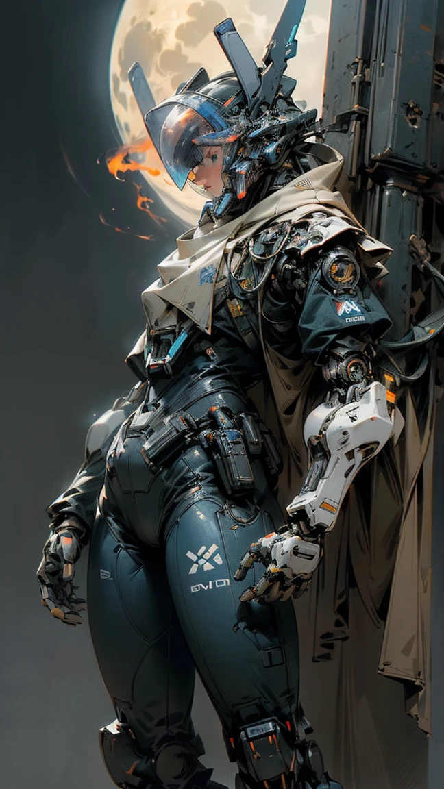 high resolution, (masterpiece), 4k, (high detail), anime, (((human_sized_humanoid_mech))), (White_colored_mech with black_accents), (blue_visor), epic, heroic pose, standing, ashy background, ((fire)), night time, full moon