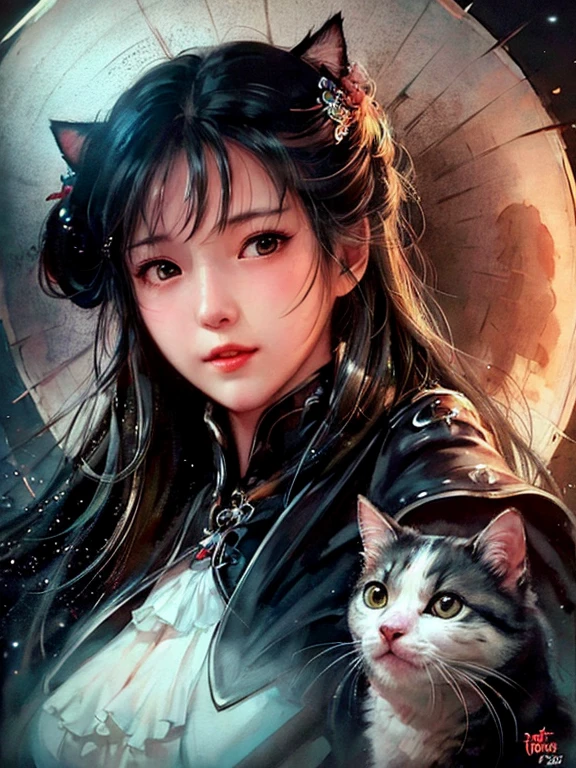 there are two photos of a woman with an umbrella and a cat, artwork in the style of guweiz, guweiz, Beautiful character painting, Guweiz and Artstation Pixiv, Guweiz and Pixiv Artstation, awesome anime face portrait, Beautiful digital artwork, Wlop Ross Giveaways, detailed digital anime art, guweiz masterpiece