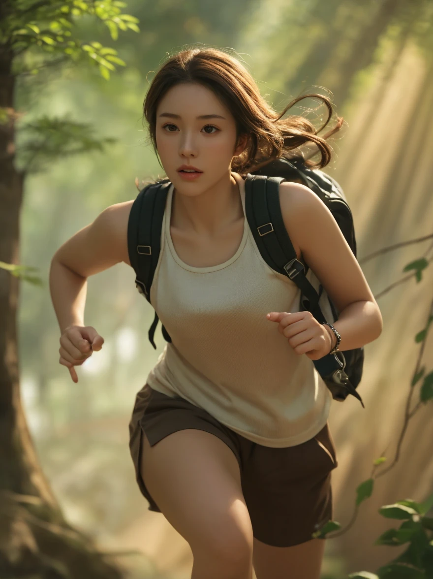 In the movie "King Kong," the heroine, Anne Darrow, is depicted as a frantic figure fleeing and evading capture on the island. Disheveled hair and dirt-streaked clothes reveal her intense struggle. In the lush, untamed jungle, she runs amidst towering trees and dense foliage, sunlight piercing through the canopy. This image captures Anne's determination and resilience in the face of danger, as she uses her wits to survive.