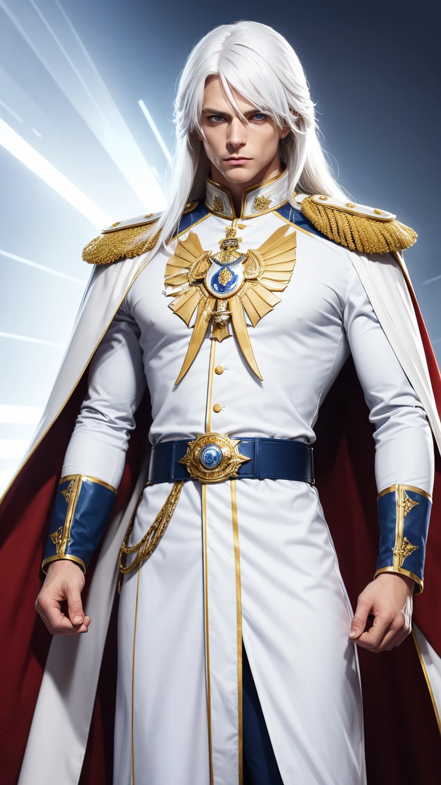 A man Long, straight white hair Piercing blue eyes wearing an impeccable white military uniform with gold details with a flowing red cape draping the shoulders with a golden belt at the waist with white gloves on the hands completely confident and Slightly arrogant that conveys an aura of power and authority