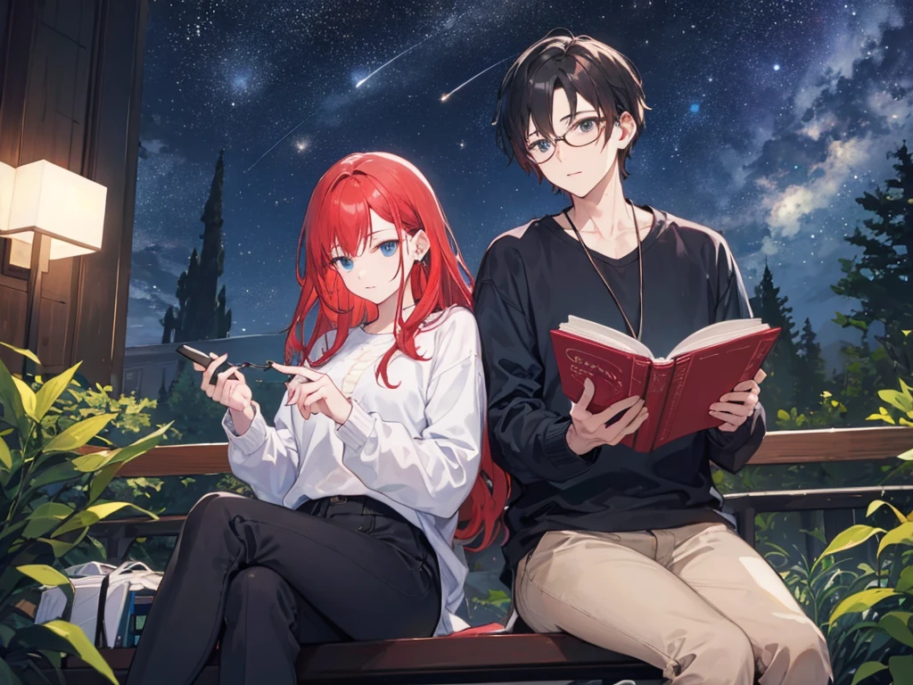 A red-haired woman is sitting and listening to music. Next to her is a man with black hair and glasses reading a book. They seem to be relaxing. Night sky with stars.


