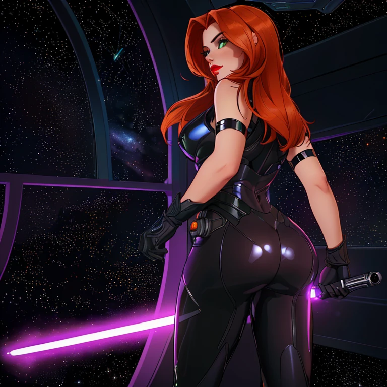 masterpiece, perfect anatomy, highly details, intricately detailed, unreal engine, intricate detail, complementary colors, 32k UHD resolution,hdr, high quality, high realistic, cinematic lights, professional photography, vintage science fiction, Star Wars based environment, extremely detailed face, long eyelashes, (Mara Jade), Mara Jade Skywalker, long orange hair, bright green eyes, red lipstick, attractive body, athletic figure, bubble butt, round ass. She's looking at the camera with a disgusted and irritated expression, mouth closed, teeth, looking from behind, body facing the window. ((Wearing: a black suit, the suit is shiny and glossy, the suit is so tight that it perfectly highlights the shape of Mara Jades figure and ass. Brown leather straps, black gloves)). Upper body shot, back view, ass view. She holding a purple lightsaber. Background: Indoors, space station, window, view of outer space, stars