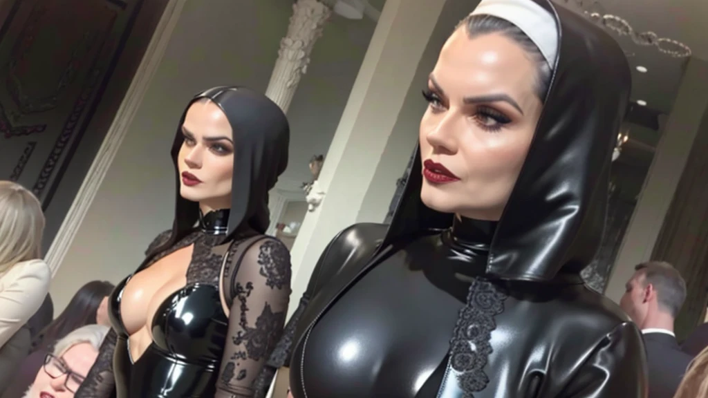 a woman dressed as a nun holding a rosary and a rosary, roupa de freira, modelo de freira, nun, modelo de freira looking up, using latex, wearing black latex outfit, latex clothes, latex dress, freira vampira, shiny latex, black latex, single scary female freira vampira, rubber and latex, e o mal agora, black latex suit, vestido preto brilhante, amante