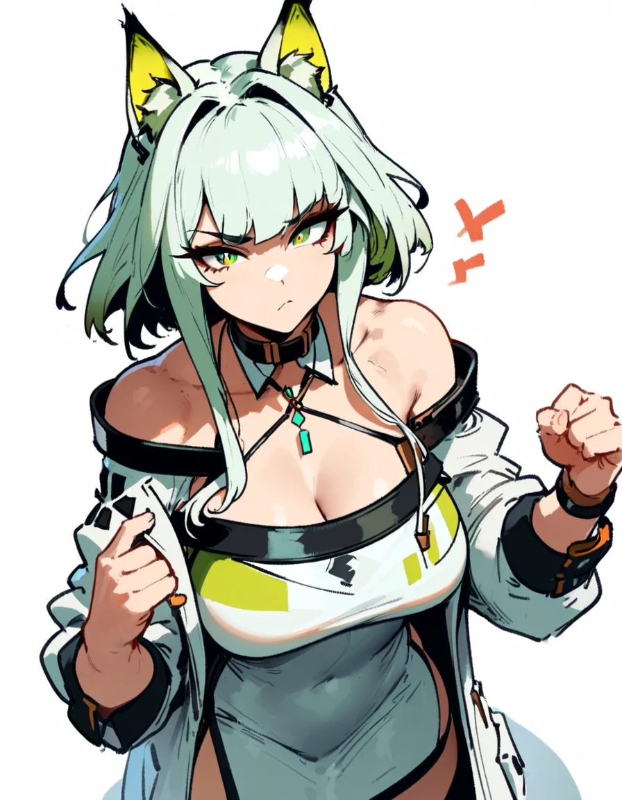 1girl, kal'tsit \(arknights\), arknights \\\\\ masterpiece, best quality, very aesthetic, absurdres, newest \\\\\\ slim body,///// ,by nyantcha,cutesexyrobutts , by khyle,,////// ,,,, , ,,detailed face, , ,, , , , , beautiful face, (white background:1.2), , sexy, , serious.angry, green eyes, animal ears, , ,,,big tits,), in the center of the frame,,, ,wears a lab coat, ,full body , solo