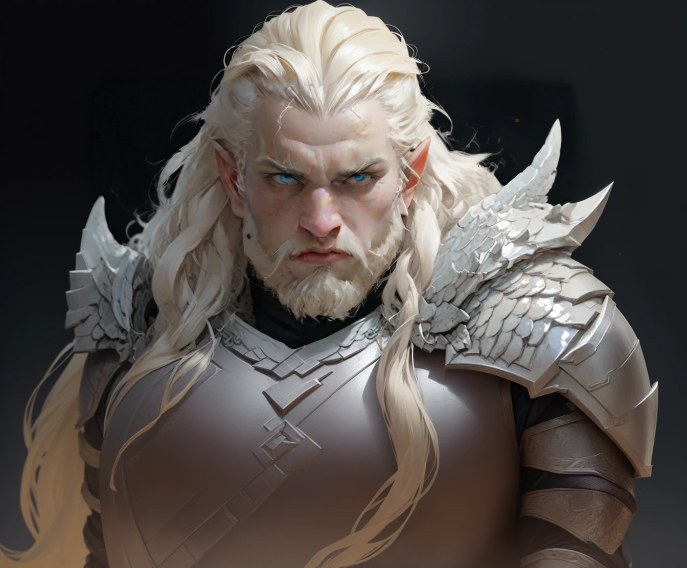 highly detailed portrait of a male dwarf warrior, charismatic and handsome face, face inspiring kindness, long flowing blonde hair and long thick beard,muscular build,wearing heavy white dragon scale armor, epic fantasy scene,dramatic lighting,intricate armor details,
