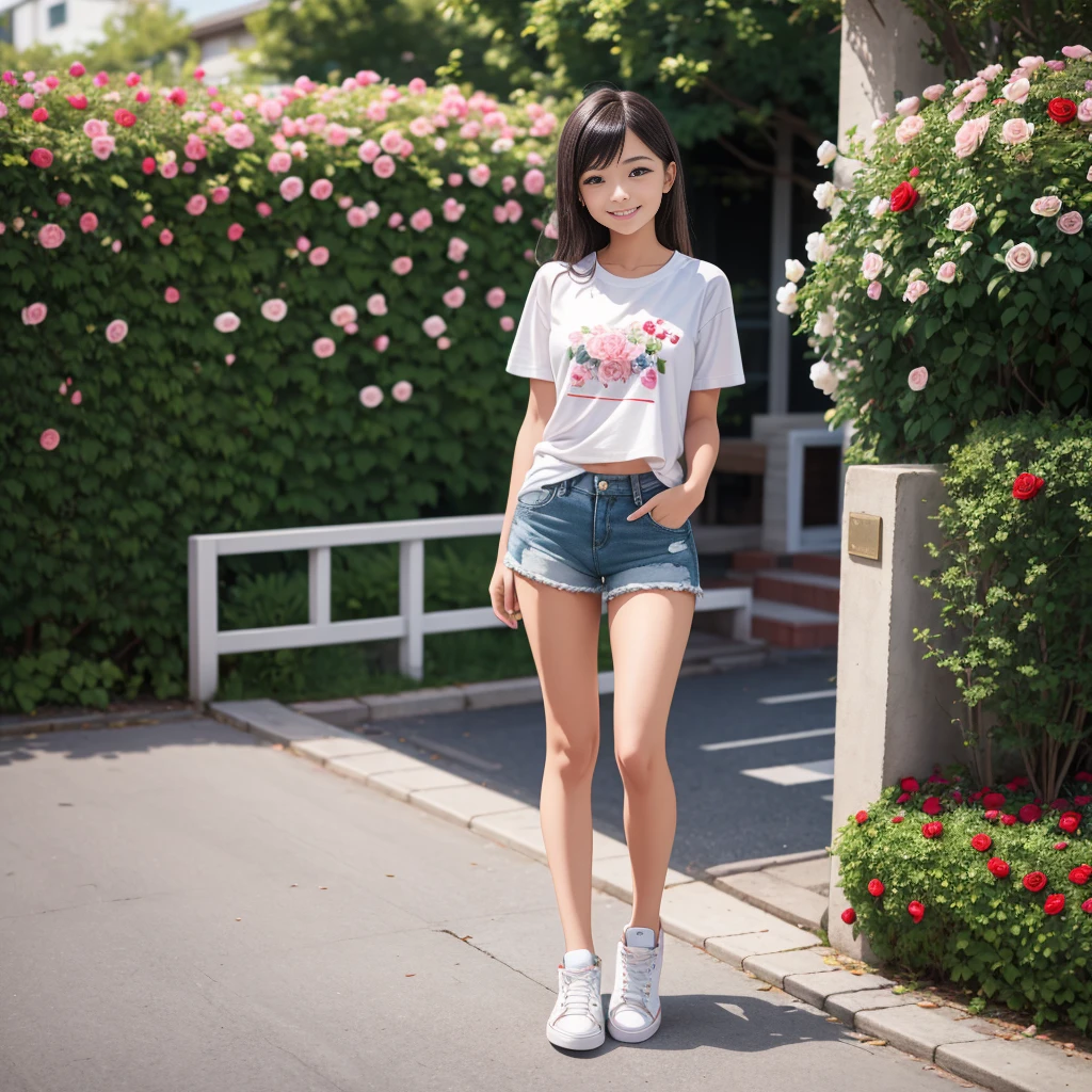 Masterpiece, a young beautiful girl, smiling, looking at the camera, standing in front of a clump of roses, wearing shorts and t-shirt, white sneakers. Wearing a top and shorts, flowers, full-body photo, casual pose, slender legs