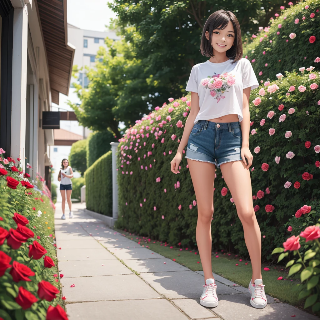 Masterpiece, a young beautiful girl, smiling, looking at the camera, standing in front of a clump of roses, wearing shorts and t-shirt, white sneakers. Wearing a top and shorts, flowers, full-body photo, casual pose, slender legs