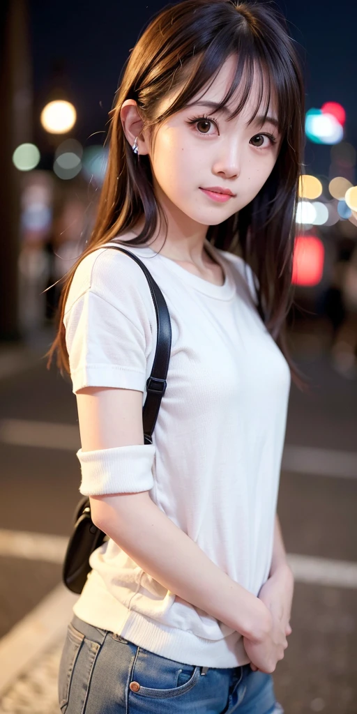 1girl, Tokyo street,night, cityscape,city lights,upper body,close-up,smile,, (8k, RAW photo, best quality, masterpiece:1.2),(realistic, photo-realistic:1.37), Face Jpop Idol (Oguri Yui AKB48), Oguri Yui