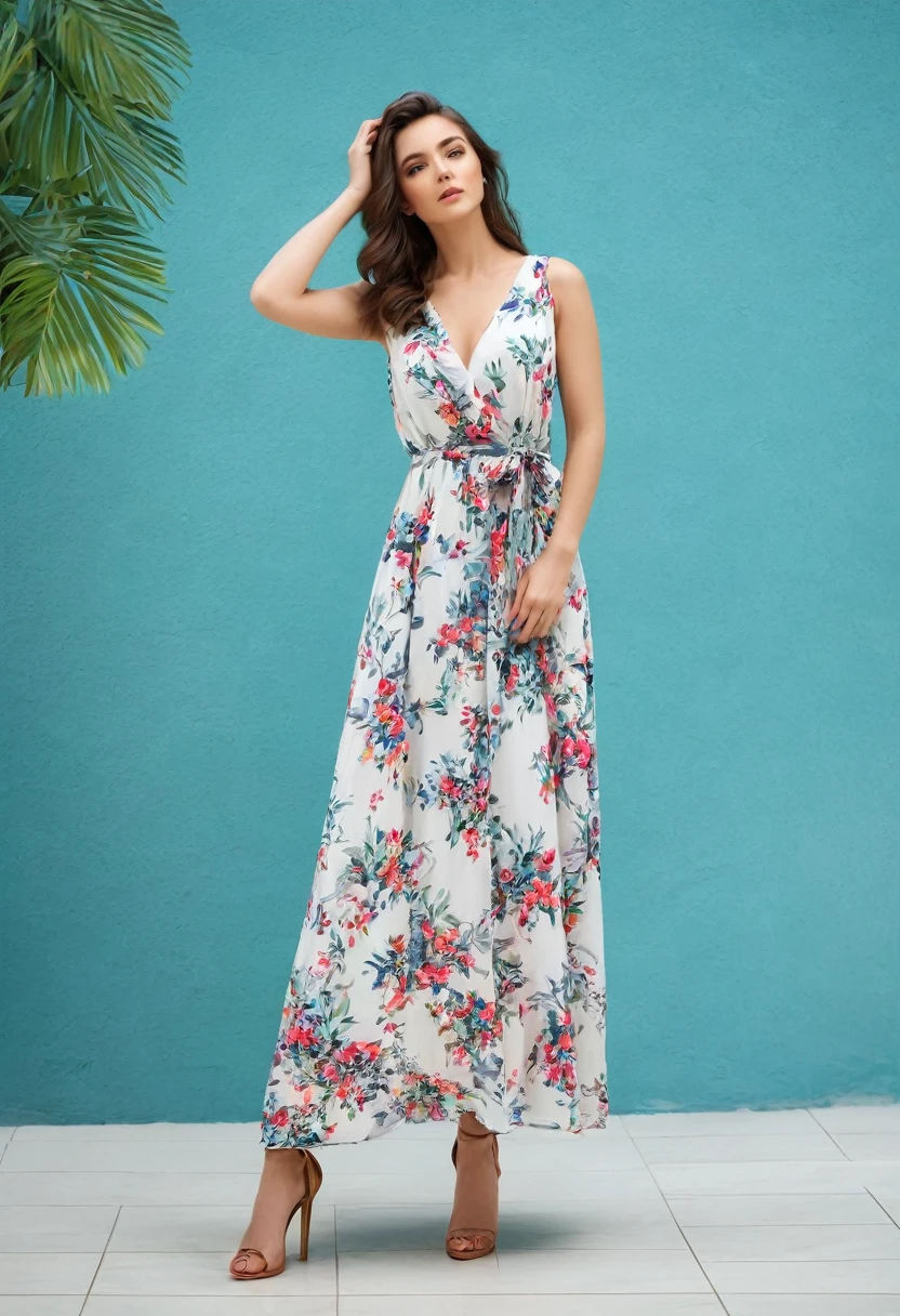 Beautiful attractive woman , stand up, modern summer style ,full-length , beautiful dress