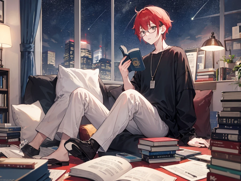 A red-haired woman is sitting and listening to music while a man with black hair and glasses is reading a book in a slightly messy room.
Relaxed 28 years old Night starry sky