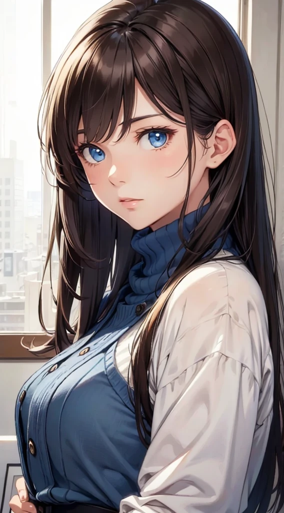 realistic drawing, flat hair, brown black hair,tabby blue eyes