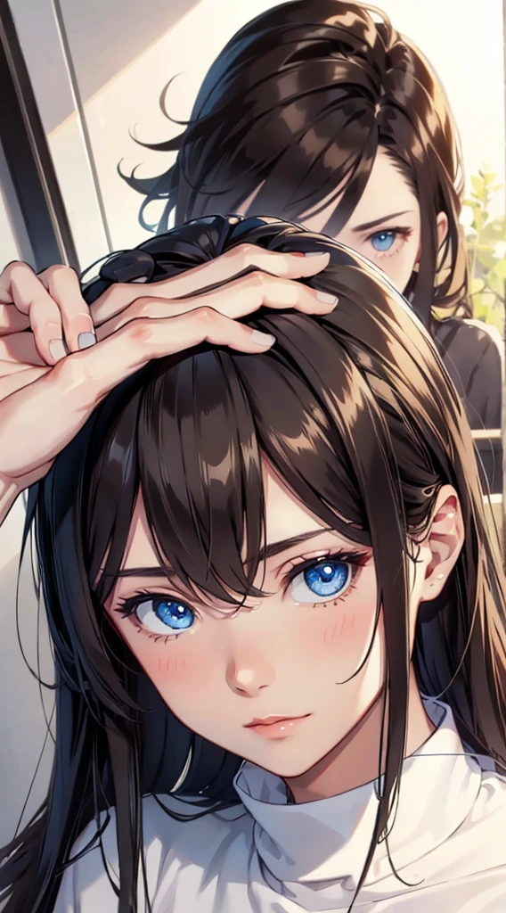 realistic drawing, flat hair, brown black hair,tabby blue eyes 