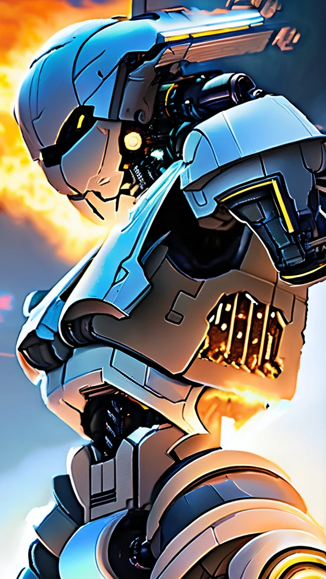high resolution, (masterpiece), 4k, (high detail), anime, (((human_sized_humanoid_mech))), (White_colored_mech with black_accents), (blue_visor), epic, heroic pose, standing, ashy background, ((fire)), night time, full moon