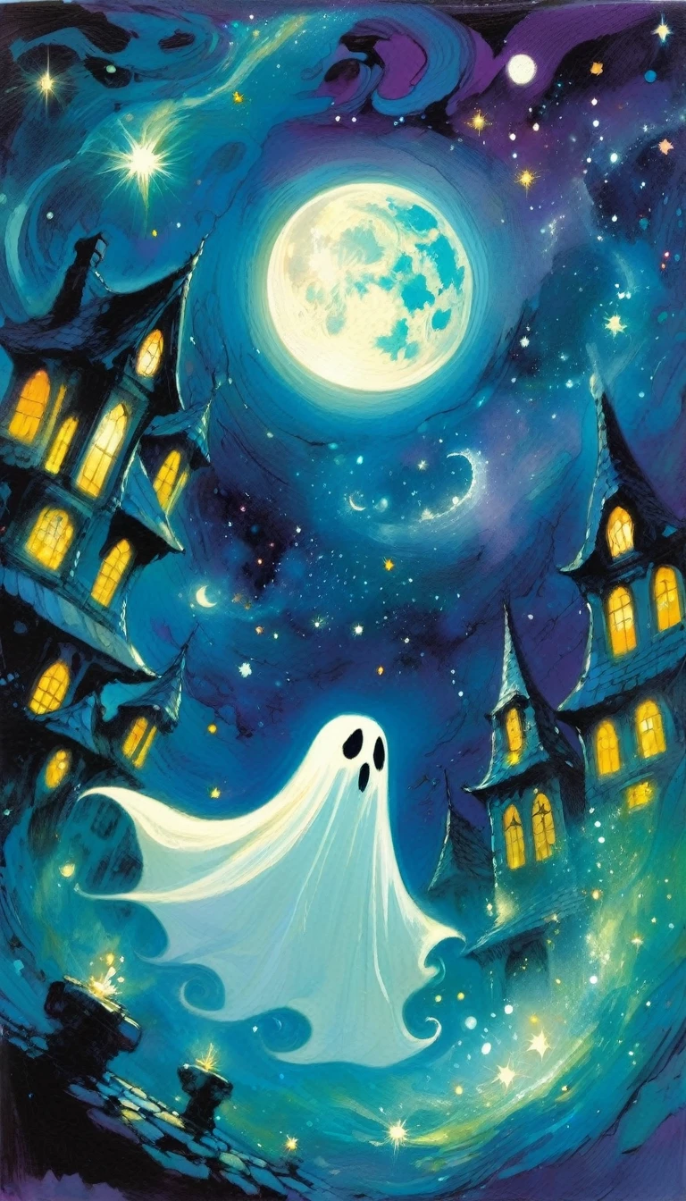 ghost,magic, fantastic, night sky, moon, stars, background (art inspired in Skottie Young and Bill Sienkiewicz). oil painting)