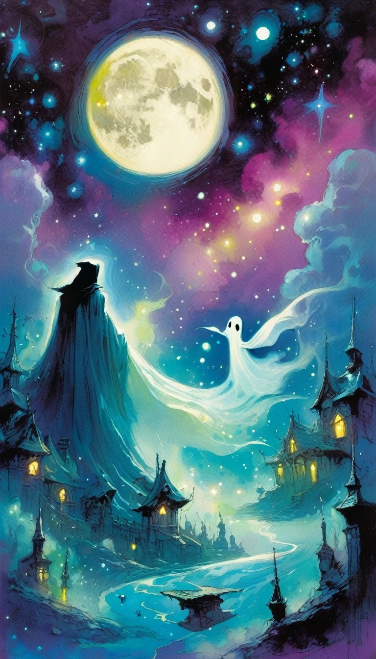 ghost,magic, fantastic, night sky, moon, stars, background (art inspired in Skottie Young and Bill Sienkiewicz). oil painting)
