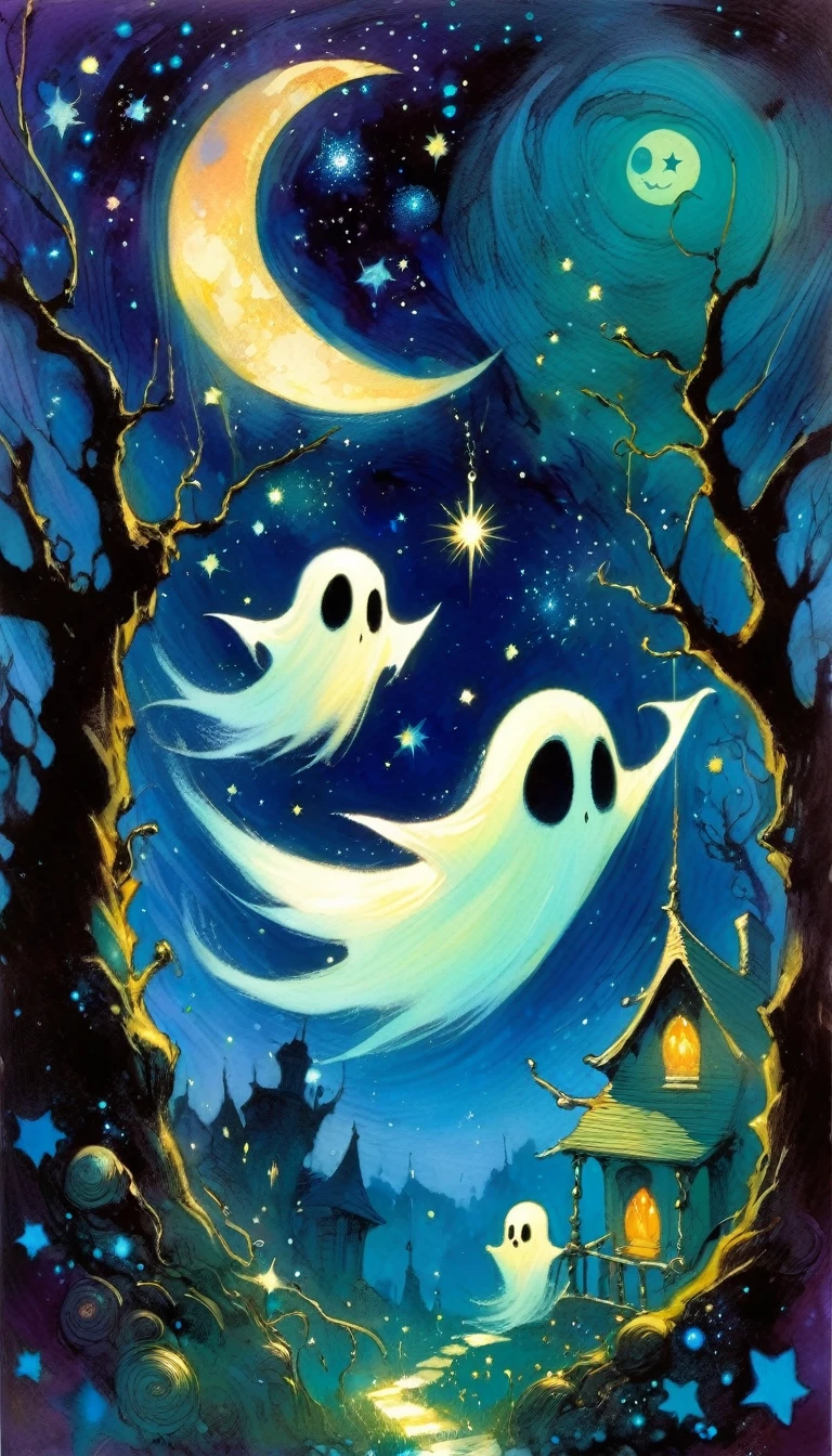 ghost,magic, fantastic, night sky, moon, stars, background (art inspired in Skottie Young and Bill Sienkiewicz). oil painting)
