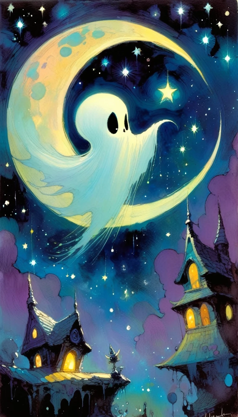 ghost,magic, fantastic, night sky, moon, stars, background (art inspired in Skottie Young and Bill Sienkiewicz). oil painting)
