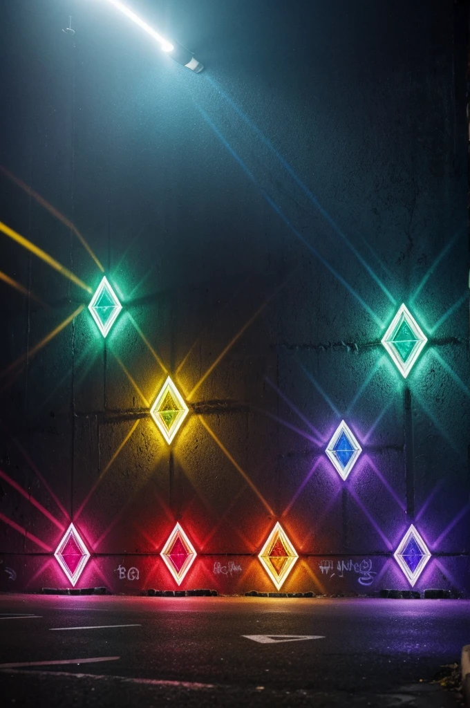 5 blue diamonds , Red , green , yellow and purple illuminated by a spotlight in front of them, making the diamonds shine , The background of the image is an urban street wall with black stars graffiti around 