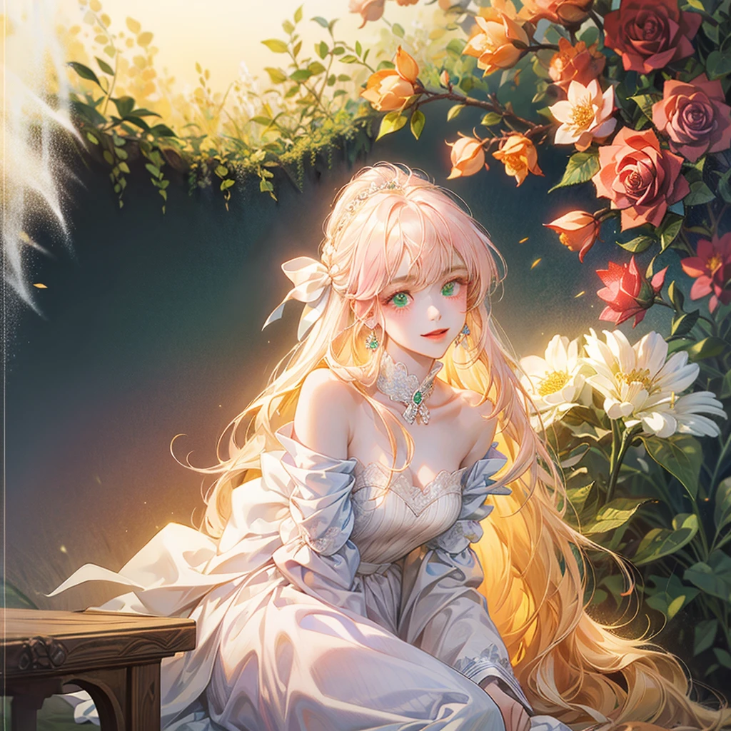 Portrait of a beautiful princess sitting smiling, white skin, light pink lips, v-line chin, light emerald green eyes with a little light yellow, long loose hair of light pink with a little light orange, without any hair accessories, simply loose hair, no bangs, hair diagonal to the right, wearing an off-the-shoulder white royal dress, dress without patterns, white bow around the neck, Behind is a red rose garden background 