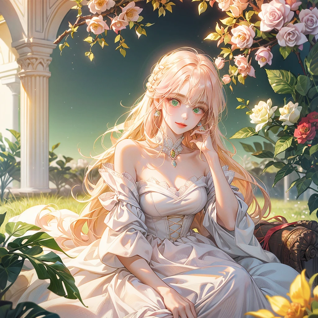 Portrait of a beautiful princess sitting smiling, white skin, light pink lips, v-line chin, light emerald green eyes with a little light yellow, long loose hair of light pink with a little light orange, without any hair accessories, simply loose hair, no bangs, hair diagonal to the right, wearing an off-the-shoulder white royal dress, dress without patterns, white bow around the neck, Behind is a red rose garden background