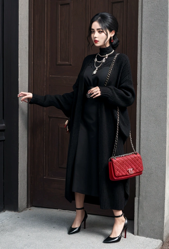 Woman in black cardigan and red dress with Chanel bag in hand