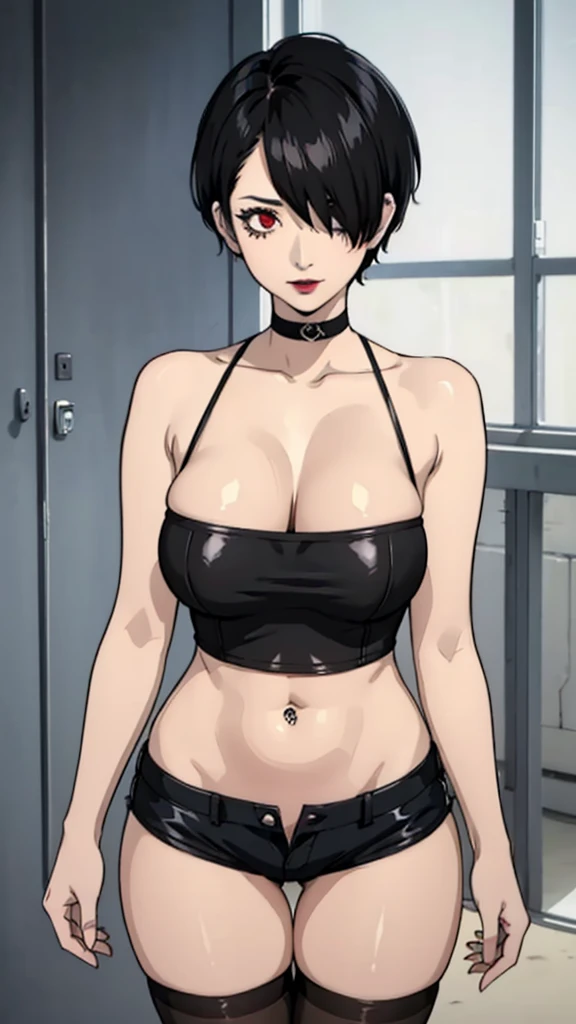 1girl, milf, shy face, red eyes, tomboy Pixie haircut, very Short hair, black hair, hair over one eye, black choker, white micro top bandeau, belly, huge breast, thicc legs, extreme micro shorts, stockings, black lipstick, black lipstick ear piercings, cowboy shot