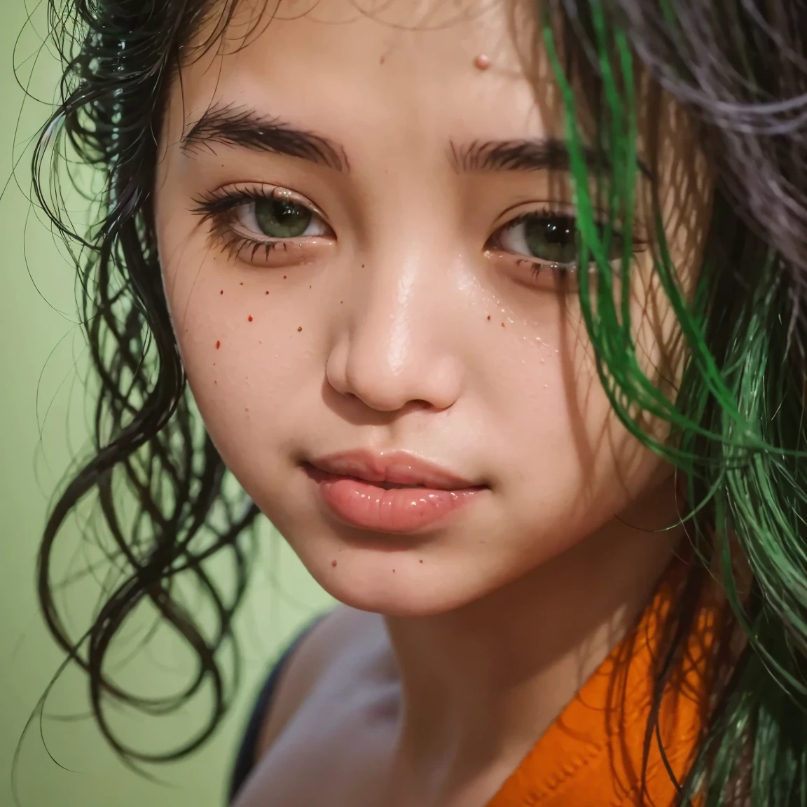 Mila is captured in a candid moment, the bright strokes of coral orange and unconventional shades of green highlighting her features. The glow effect adds depth, making the scene come alive with vibrancy.