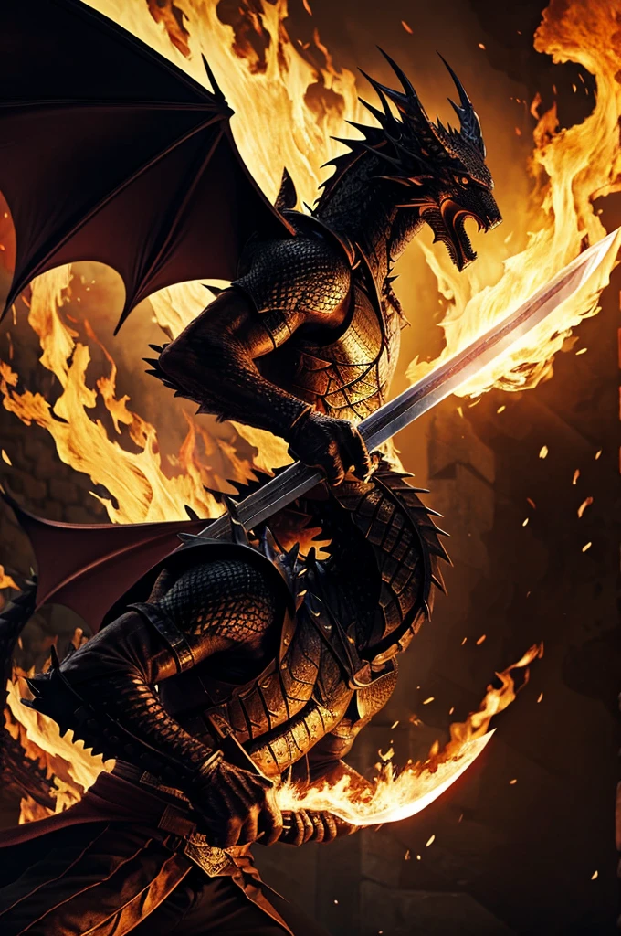 A swordsman with his sword engulfed in flames will deny , fighting a black dragon