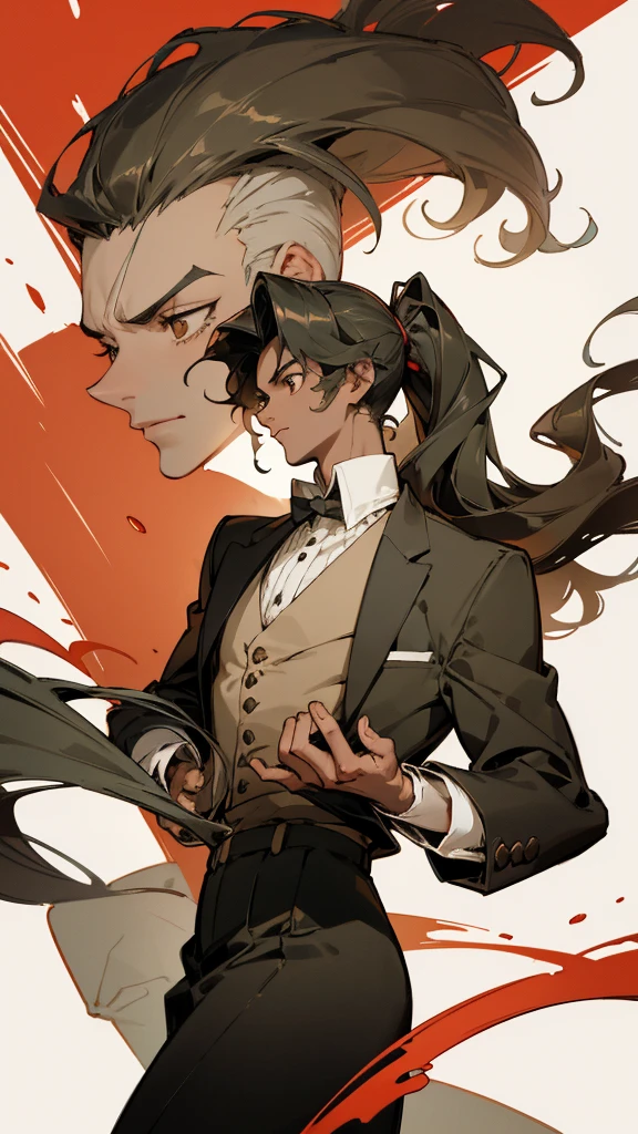 vintage style image, masterpiece showing a male character with dark skin and dark teas, with brown eyes with crystalline tones, long wavy hair styled in a ponytail and bangs cut like a curtain, with a slight similarity to Muzan kibutsuji from Demon Slayer, with an artistic style similar to that of slam dunk, with classic semi-formal attire in neutral tones as predominant and red as secondary color