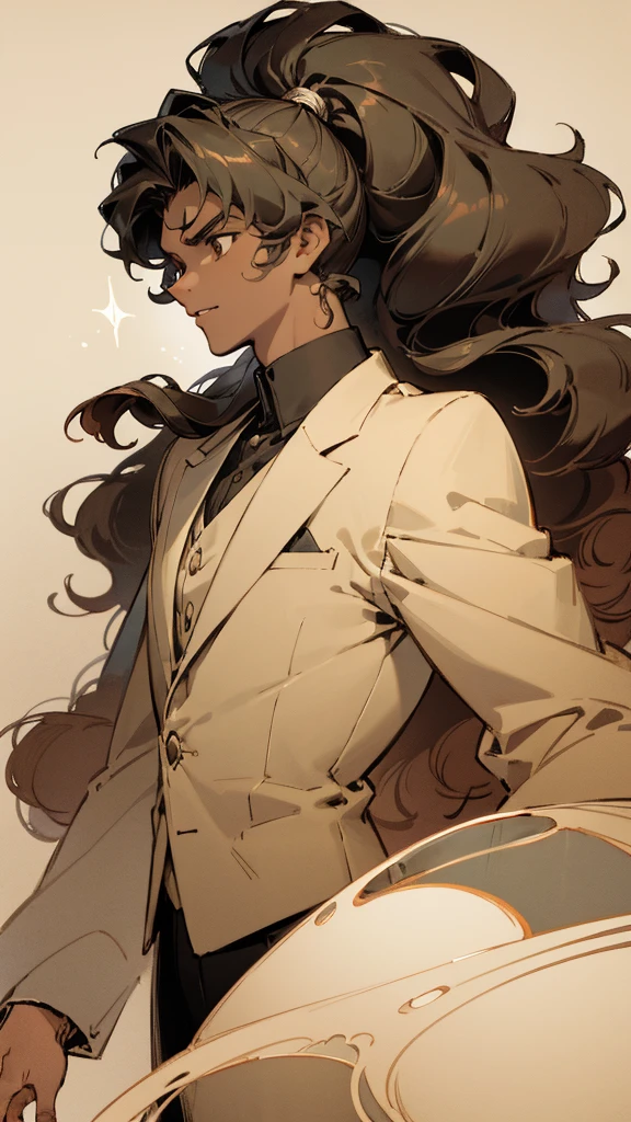 vintage style image, masterpiece showing a male character with dark skin and dark teas, with brown eyes with crystalline tones, long wavy hair styled in a ponytail and bangs cut like a curtain, with a slight similarity to Muzan kibutsuji from Demon Slayer, with an artistic style similar to that of slam dunk, with classic semi-formal attire in neutral tones as predominant and red as secondary color