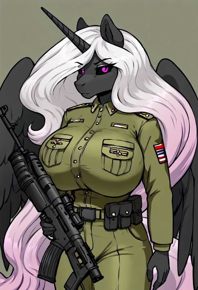 Alicorn princess, white mane,black sclera ,black body color long flowing mane pink eyes anthro huge breasts army outfit ,sniper rifle