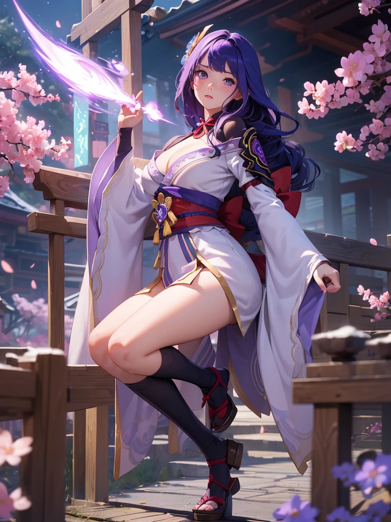 ((Full body image:1.4))Japanese Shrines, (Highest quality,Realistic,masterpiece:1.2,8k wallpaper:1.2),((Pale skin)),One Girl,women only,((Genshin Impact_Impact,General Raiden)),Lightning Particles,Purple Lightning,Light background,cherry blossoms,Purple Theme,Delicate facial features,Sexy and beautiful anime girls,General Raiden,Long purple hair,Rosy lips,Anime Mouth,shut up.,(Very sad face),fine grain,large breasts, Beautiful cleavage