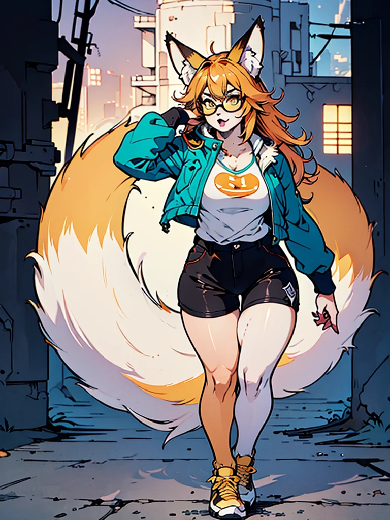 Masterpiece, 1girl, solo, (best quality,4k,8k,highres,masterpiece:1.2), cyberpunk visuals, full body, anthro fox girl, (slim physique, green jacket, black shorts, yellow sneakers, yellow glasses, fox tail, orange hair), ((ultra detailed clothes, beautiful fur, hyper-detailed face and legs, beautiful face and eyes, intricate detail, fine details best quality)), city background, ((thick outline, detailed background, bright color tones, digital art, beautiful lighting))