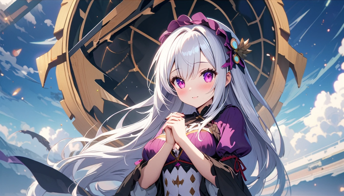 Emilia-Tan, anime girl with long white hair wearing a purple dress and holding her hands together, purple eyes and white dress, cute anime waifu in a nice dress, white-haired, full body white purple cloak, white and purple, pretty anime character design, beautiful anime woman, rem rezero, beautiful anime girl, white haired, anime goddess, ”beautiful anime woman, with long white hair, azur lane style, beautiful elf with violet skin, cute anime girl portrait, white dress!! of silver hair, characters from azur lane, white haired lady, anime character art,(Решительные глаза),(распущенные волосы),(динамичная поза),(острый фокус),(Яркие цвета),(магические эффекты),(героический),(эпопеи),(эмоциональный),(захватывающий),(основная часть:1.2) все тело.), (Anime Style), (Super Detailed), (Brutal), (UHD, HDR), (8K), (High Resolution: 1.2), (Complex and Beautiful: 1.2), (Dramatic Lighting: 1.2) , (staring at the viewer), lora:add_detail:1, female necromancer, flowing white hair, detailed red eyes, skelet, Томохико Ито style